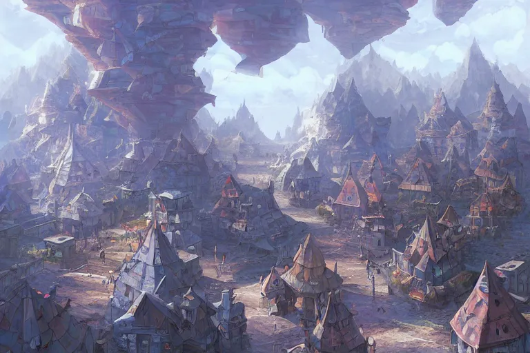 Image similar to one point perspective fantasy triangular orb village street view by artgerm and Craig Mullins, James Jean, Andrey Ryabovichev, Mark Simonetti and Peter Morbacher 16k