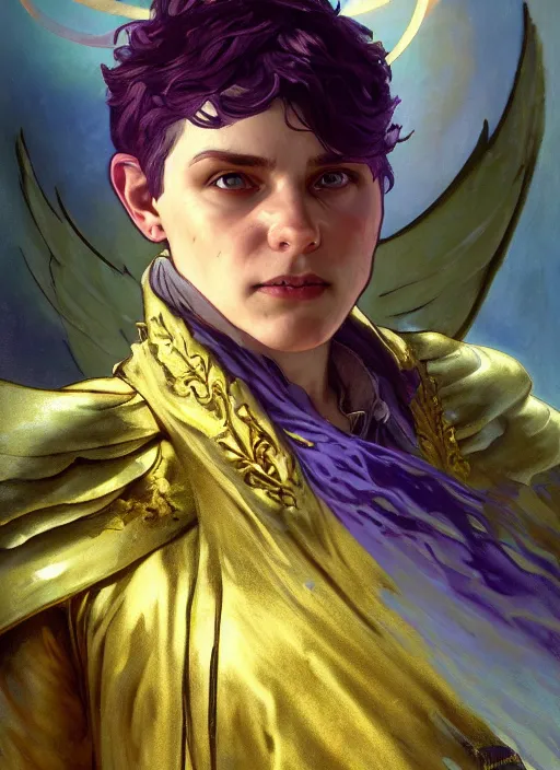 Image similar to a gender neutral halfling with golden angel wings, wearing and a purple smoking jacket, short brown hair. fantasy concept art. moody epic painting by james gurney, and alphonso mucha. artstationhq. painting with vivid color. ( dragon age, witcher 3, lotr )