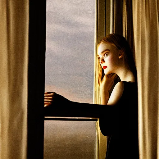 Image similar to Elle Fanning looking out the window of her hotel bedroom, dark, occult, rainy night, somber lighting, by Edward Hopper