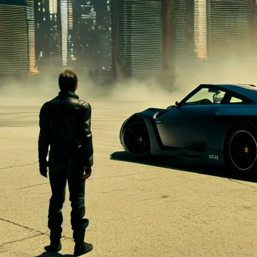 Prompt: cyberpunk Street racer wearing white shirt and black jacket standing next to red Evolution X GTR R35 S15 C3 4 door sports car coupe scene from Bladerunner 2049 Roger Deakins Cinematography movie still 2077