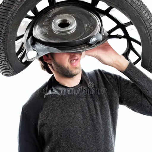 Image similar to man wearing car wheel on head as hat stock photo