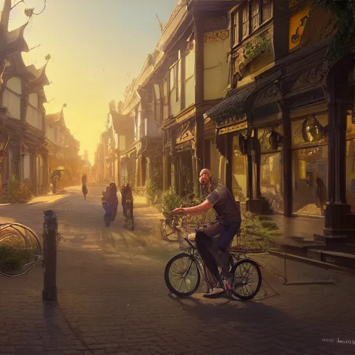 Image similar to man with receding hairline biking through beverley town centre, intricate, elegant, highly detailed, digital painting, artstation, concept art, matte, illustration, hearthstone, art by artgerm and greg rutkowski and alphonse mucha, simon stalenhag, hyperreal