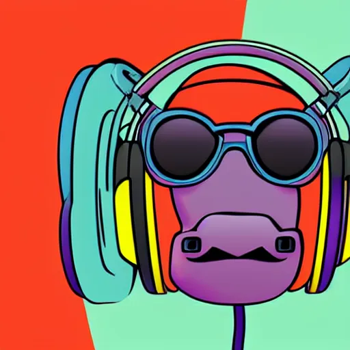 Prompt: a close up of a beautiful rhino wearing shades and headphones, in retro colors, synthwave style, 2 d digital vector art