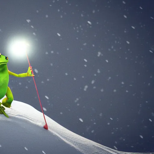 Prompt: 3 d octane render of a man dressed like a frog skiing down a snowy mountain