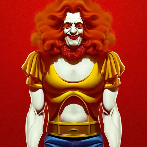 Prompt: portrait of Ronald McDonald the radio dj, muscular, wild, upper body, D&D, fantasy, intricate, cinematic lighting, highly detailed, digital painting, artstation, concept art, smooth, sharp focus, illustration, art by Hajime Sorayama