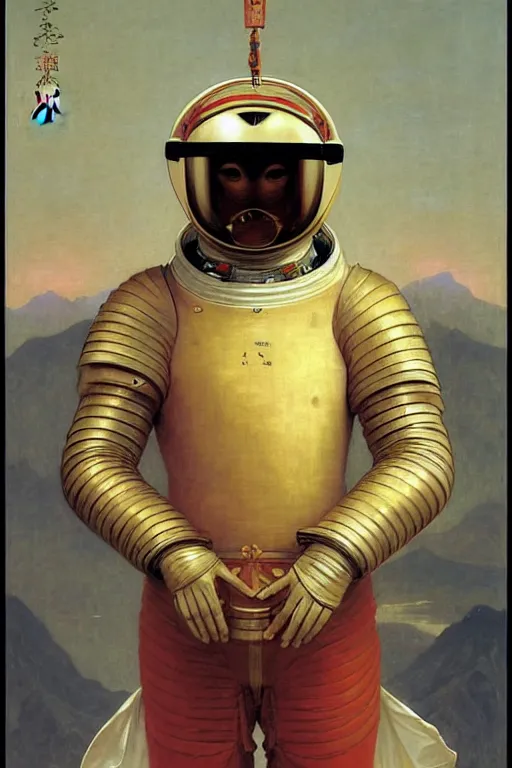 Image similar to portrait of a astronaut is a chinese dragon in armor and helmet, majestic, solemn, by bouguereau