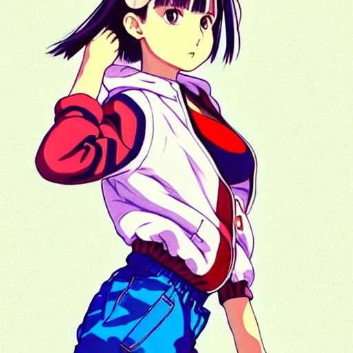 Image similar to a beautiful! boyish! natalie portman alluring gravure! model, wearing hip hop mayan bomber jacket and leotard with native style overalls, bulky poofy bomber jacket with mayan patterns, guilty gear art style, trending on pixiv, painted by makoto shinkai takashi takeuchi studio ghibli, akihiko yoshida