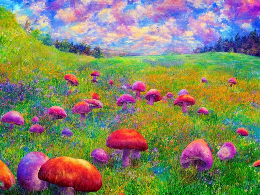 Image similar to an impressionist painting of a gorgeous meadow filled with colorful mushrooms with a stream flowing through it, psychedelic colors, colorful sky in background, high detail, trending on artstation