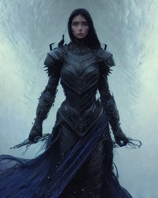 Image similar to a beautiful woman dark hair in an armor with dark eyes, perfect body, perfect face, highly detailed, elegant, dark blue, ethereal horror fantasy art by greg rutkowski and magali villeneuve and claude monet