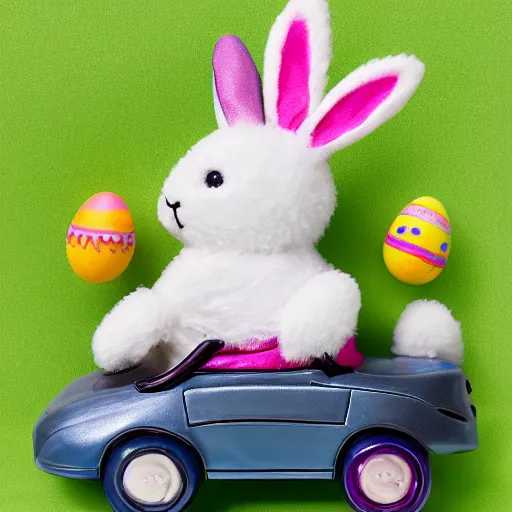 Image similar to easter bunny riding a convertible, studio photo, high quality