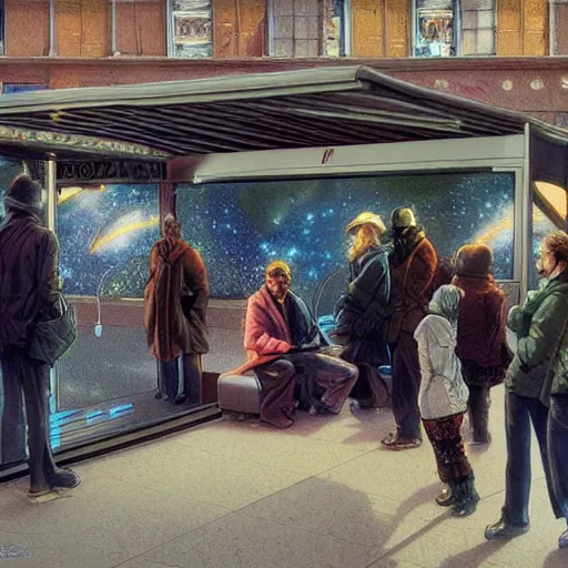 Prompt: people waiting in bus stop, by moebius, yukito kishiro, barclay shaw, octane rendered with cinematic dramatic light by karol bak and monge and rutkowsky