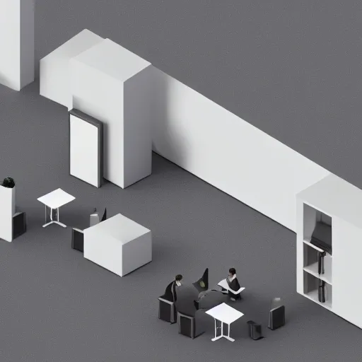 Prompt: isometric view of an office, clean, minimalist, brutalist style, harsh light and shadows, octane render