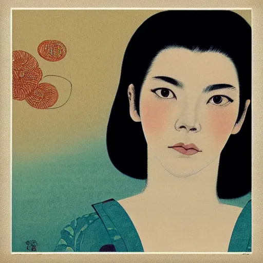 Image similar to “ anya taylor - joy portrait by ikenaga yasunari and ayana otake and ko rakusui, 6 0 s poster, drawing, realistic, sharp focus, japanese, dreamy, nostalgia, faded, golden hues, floral clothes, porcelain skin ”