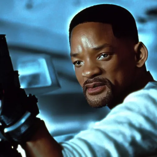 Image similar to film still of will smith as the terminator (1984 film), film grain, insanely detailed, 4k, photorealistic, hd