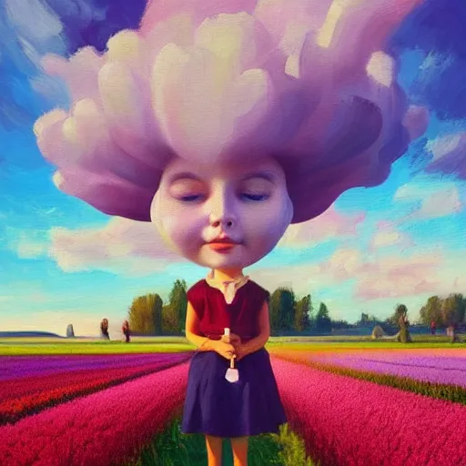 Image similar to dutch girl with singular giant tulip as a face, surreal photography, flower field, sunset dramatic light, impressionist painting, colorful clouds, blue sky, digital painting, artstation, simon stalenhag