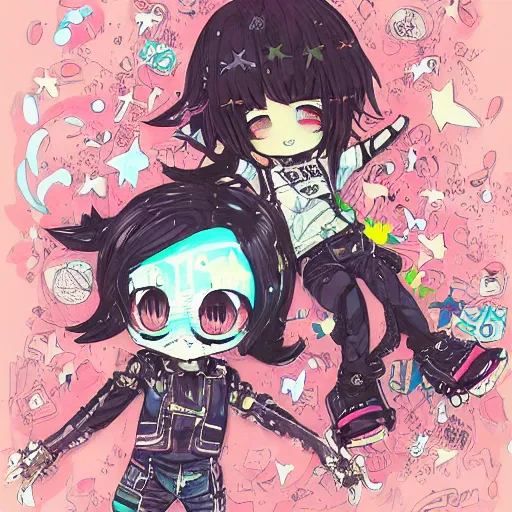 Image similar to view drawing full body!! t pose!! portrait of a grungy skull anime and chibi very cute doll by super ss, cyberpunk fashion, nendoroid, kawaii, curly pink hair, night sky, looking up, swirly clouds, neon yellow stars, by wlop, james jean, victo ngai, muted colors, highly detailed