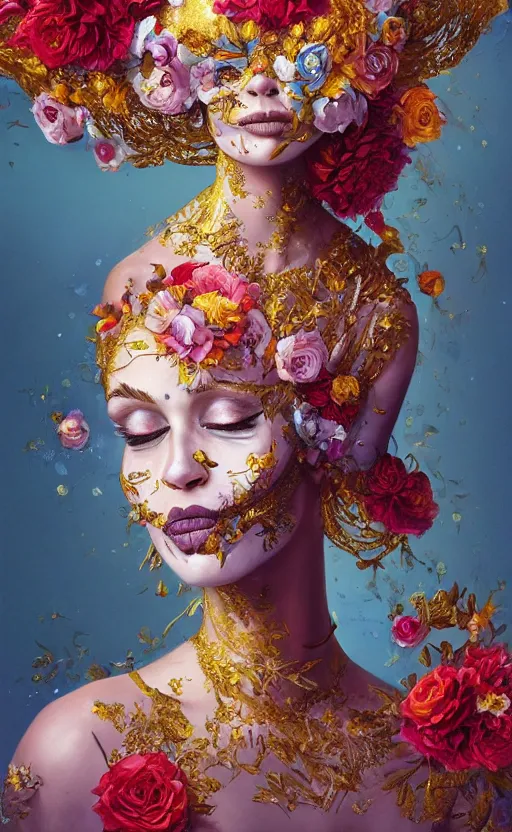 Prompt: a gold oil painting hyperrealism of a beautiful woman on a white background, flowers, dia de los muertos makeup, floral headdress, 8 k resolution, octane render, trending on artstation, by gediminas pranckevicius, volumetric light 2 blue fractal thunder glow by dan mumford, anaglyph effect, laurie lipton