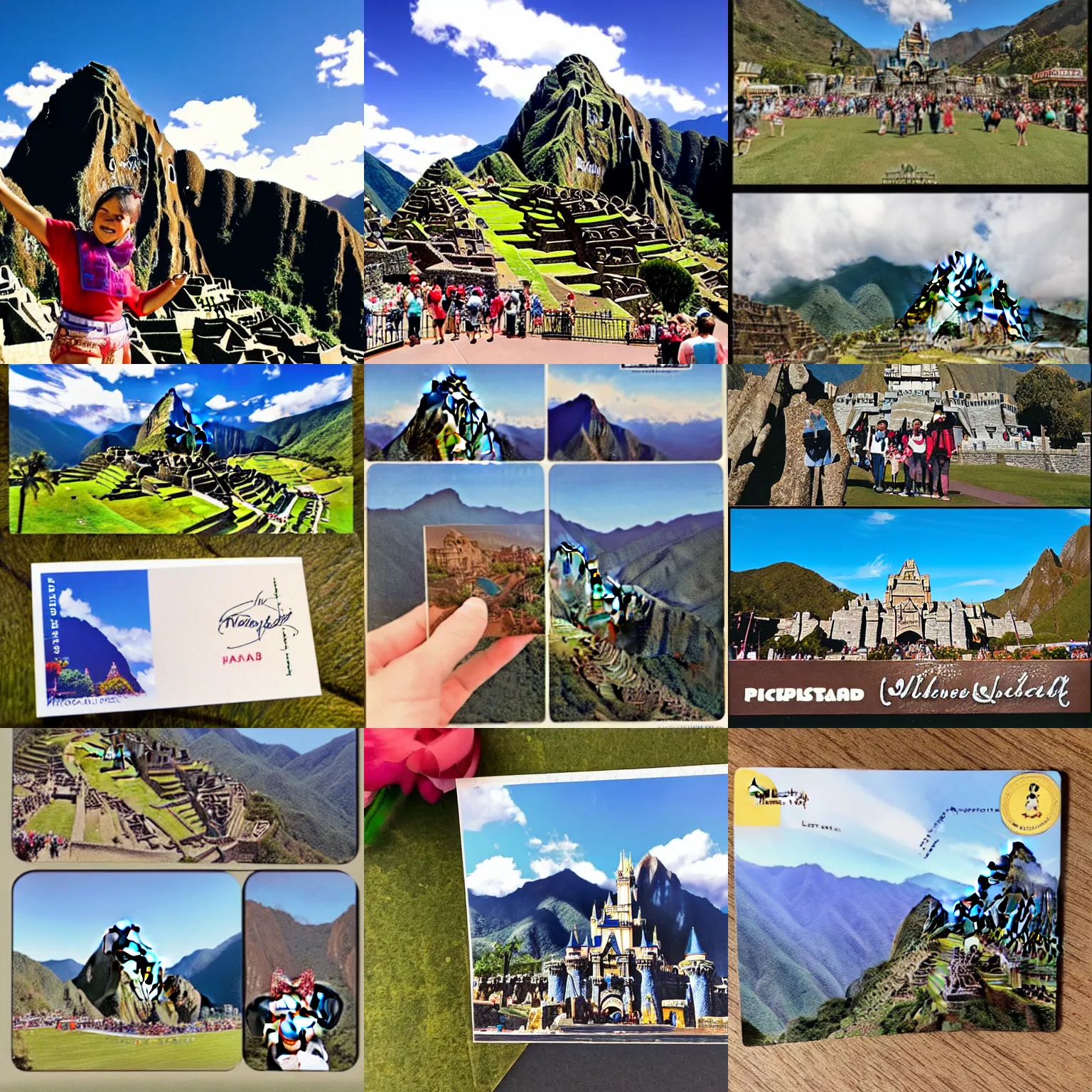 Prompt: a postcard from disneyland!!!! machu!!!! disneyland!! picchu with a fancy castle, mickey mouse ears, and high altitude mountain scenery with a fancy castle, souvenir postcard slightly bent postcard from going through the mail