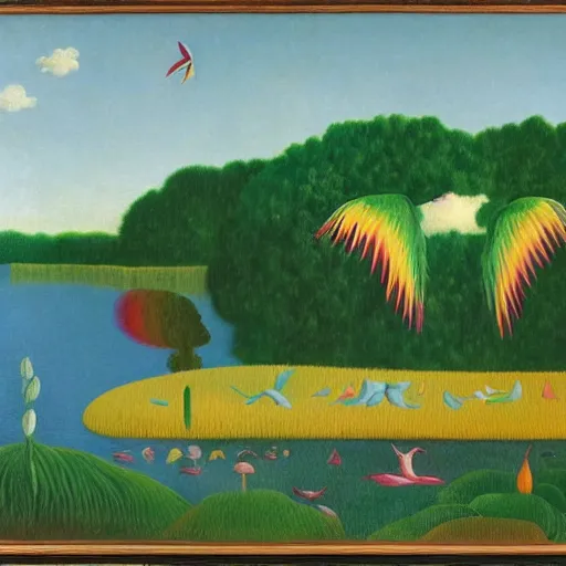 Image similar to Two Alicorns iwth rainbow wings flying over a lake, artwork by Henri Rousseau