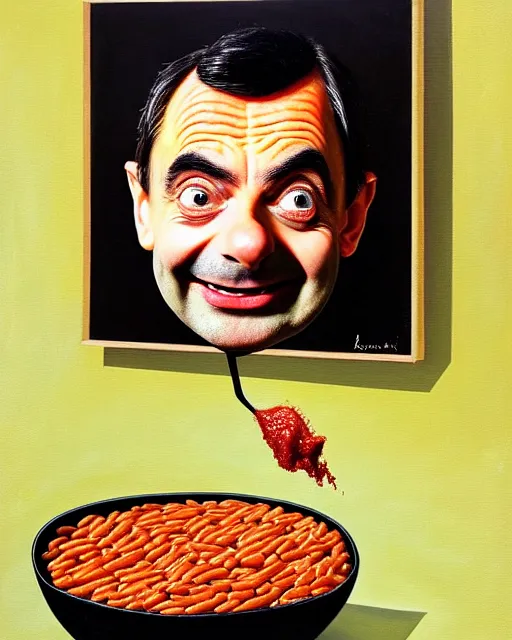 Prompt: portrait of mr bean smiling in a bowl full of baked beans, his face made of beans and tomato sauce, mr bean face, oil painting, highly detailed