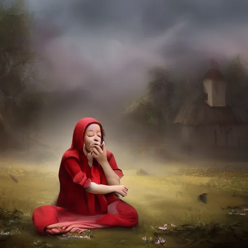 Image similar to a painting of a a huge crying girl sitting on a village, her tears flood the village, mysterious fog, 4k,