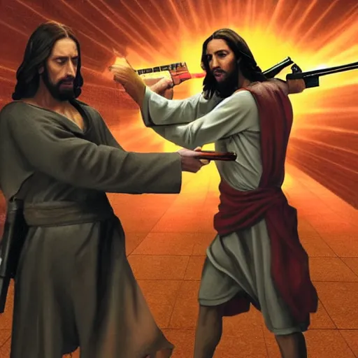 Prompt: real life photo of confident Jesus Christ holding a gun shooting the leader of Hell the Devil Hades, 8k, hyperrealistic, very detailed, clean, professional photography, epic composition, side profile, high contrast, sharp, upscaled, god rays, magical aura