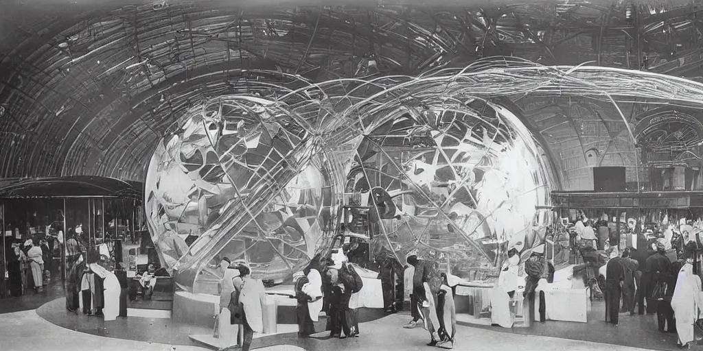 Prompt: futuristic invention display at the worlds fair, 1 9 0 0 s photograph