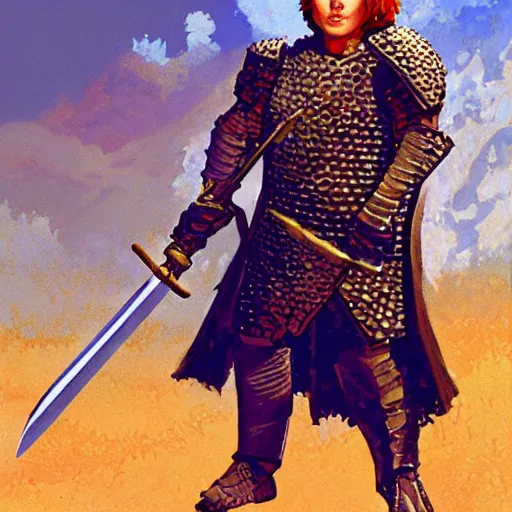 Image similar to beverly toegold, epic level dnd male halfling nature paladin, wielding the holy avenger sword, wearing magical gleaming chainmail armor. full character concept art, realistic, high detail digital gouache painting by angus mcbride and michael whelan and jeffrey jones