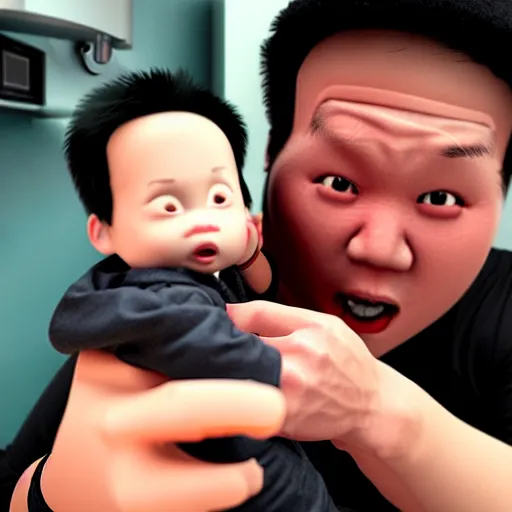 Image similar to shocked asian man holds baby shaquille o ’ neal at hospital, he can ’ t believe his eyes, award winning art, pixar, 3 d render, unreal engine