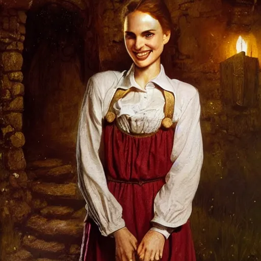 Prompt: young, freckled, curly haired, redhead Natalie Portman as a optimistic!, cheerful, giddy medieval innkeeper in a dark medieval inn. dark shadows, photorealistic, colorful, candle light, law contrasts, fantasy concept art by Jakub Rozalski, Jan Matejko, and J.Dickenson