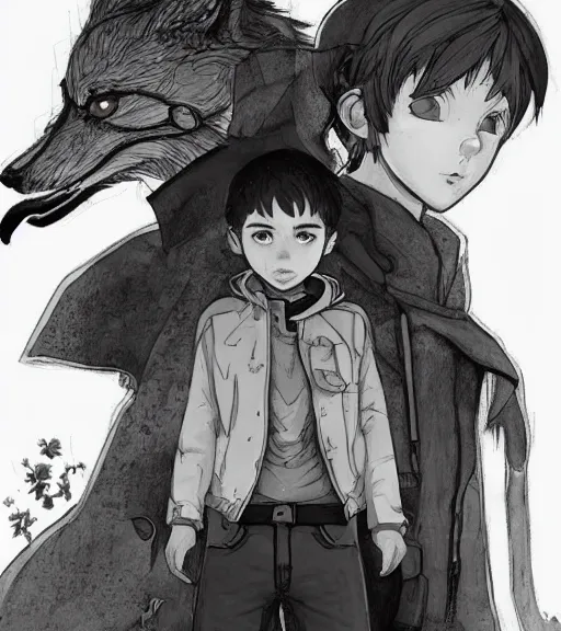 Prompt: attractive little boy character inspired in little red riding hood and evil wolf, digital artwork made by akihiko yoshida and makoto shinkai, anatomically correct, symmetrical