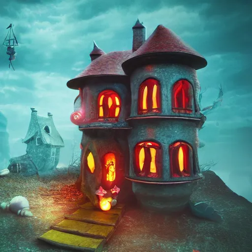 Image similar to a witches house made out of candy with a scary witch in front of the house, floating on the ocean, epic scene, fantasy, cinematic, redshift render, cgi, hyper - detailed, photo - bash, 8 k post - production, masterpiece