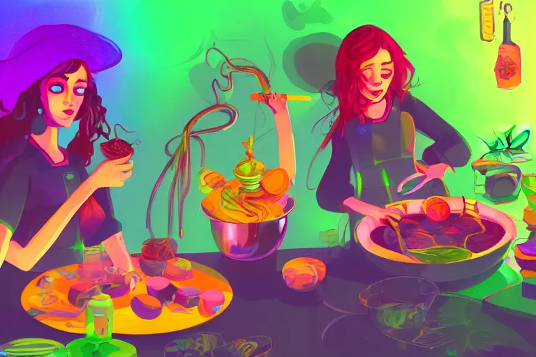 Prompt: digital painting of kitchen witches making cannabis candy high detail artstation cinematic lighting colorful psychedelic