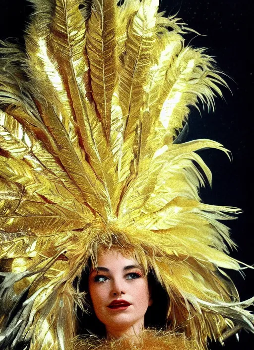 Image similar to realistic detailed photo of the sleeping person, wearing a golden leaf feathers fluffy fur carnival costume with golden sparkles. 1 9 9 0, life magazine reportage photo