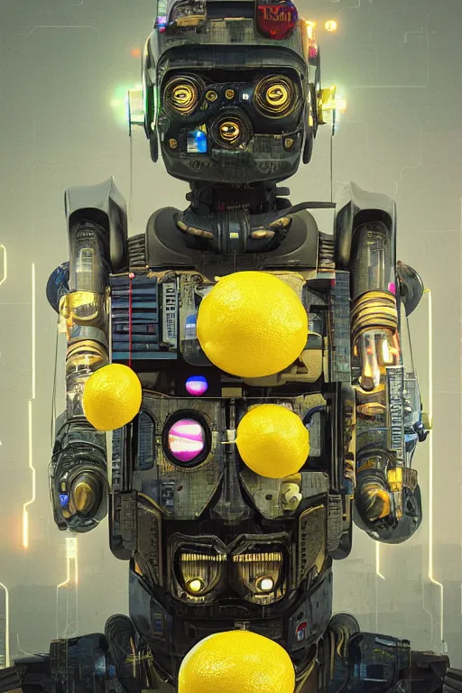 Image similar to a robot with lemons on his head, cyberpunk art by Mike Winkelmann, by Filip Honda, trending on cgsociety, panfuturism, made of lemons and limes, glitch art, rendered in cinema4d, blender, hyper realism