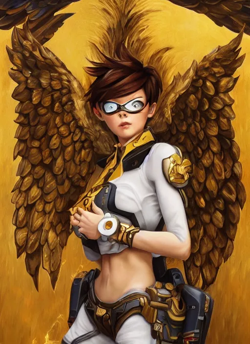 Image similar to full body oil painting of tracer overwatch in the style of sophie anderson, angel wings, angelic golden armor, dramatic painting, symmetrical composition, ornate, high detail, gold detailed collar, gold collar, gold choker, blooming, lights, flowers, detailed face,