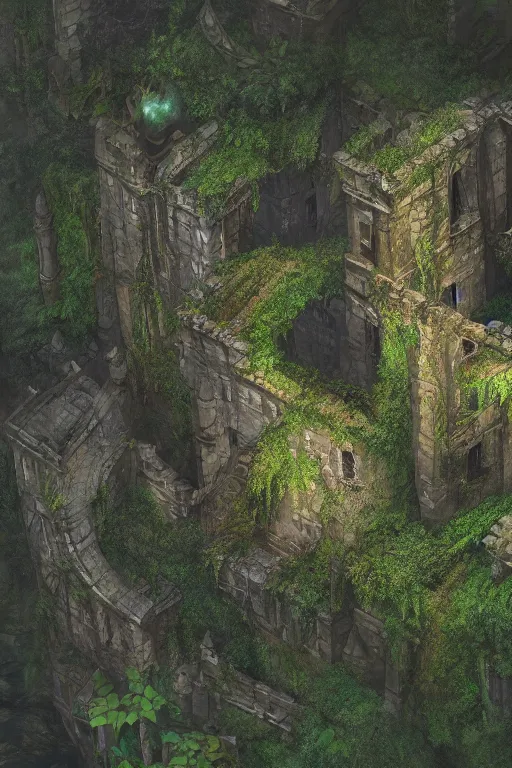 Image similar to giant ancient castle in an forest with some ivy plants on the walls, cinematic, epic, dramatic lighting from above, dark, vines, fantasy, dust, unreal engine, octane, highly detailed, concept art, dark, super realistic