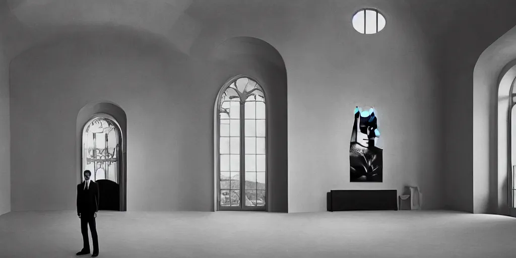 Image similar to Batman standing in giant Italian modern castle living room, clean minimalist design, that is 1300 feet tall, with very tall giant walls filled with modern art paintings, doors that are cosmic portals, photo by Annie Leibovitz