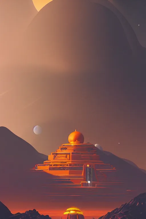 Image similar to tibetan temple glowing orange in canyon, geometric lines and planets in the sky, dramatic lighting, artstation, matte painting, ralph mcquarrie, simon stalenhag