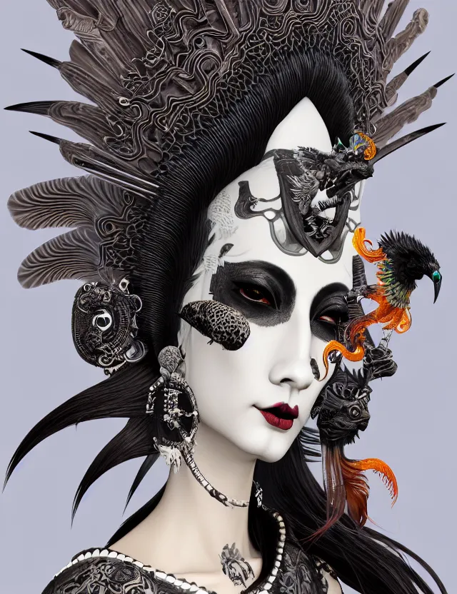 Image similar to 3 d goddess close - up profile portrait punk with mohawk in victorian style with ram skull. beautiful intricately detailed japanese crow kitsune mask and clasical japanese kimono. betta fish, jellyfish phoenix, bio luminescent, plasma, ice, water, wind, creature, artwork by tooth wu and wlop and beeple and greg rutkowski