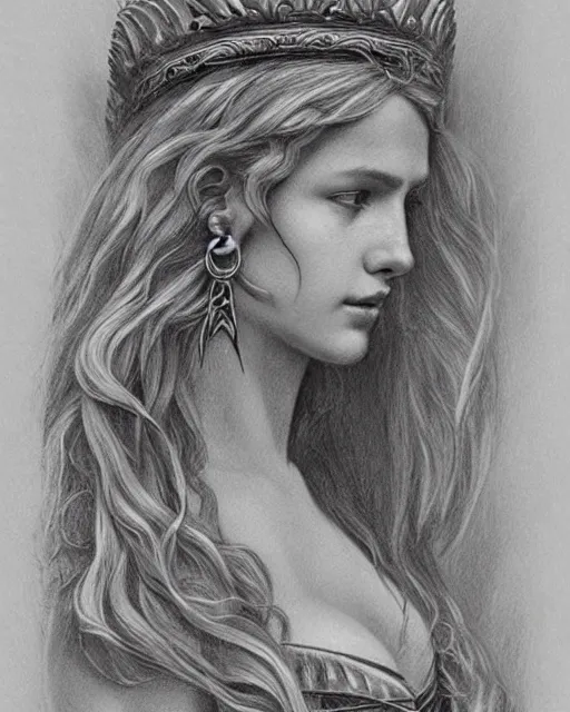 Prompt: pencil drawing of the beautiful greek goddess aphrodite wearing a laurel wreath with arrowhead earrings, piercing eyes, beautiful flowing hair, hyper realistic face, in the style of greg rutkowski, fantasy, amazing detail, epic, elegant, smooth, sharp focus