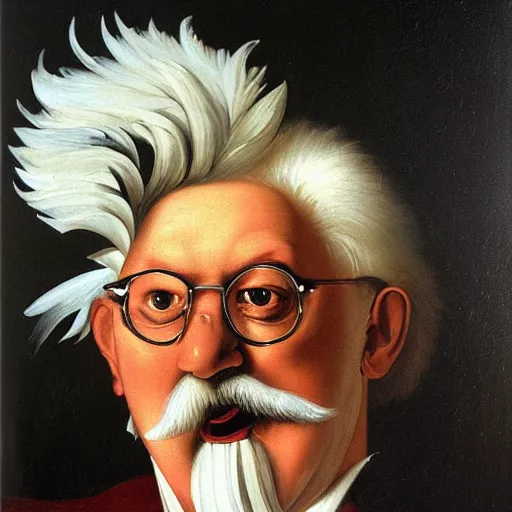 Image similar to Colonel Sanders merged with a Rooster. Painted by Caravaggio, high detail