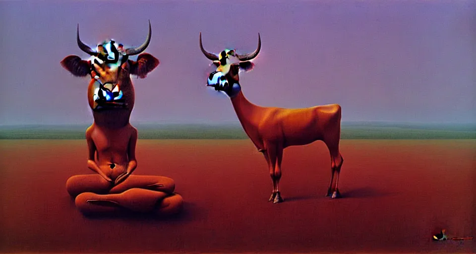 Image similar to Cow sitting in lotus position by Zdzisław Beksiński