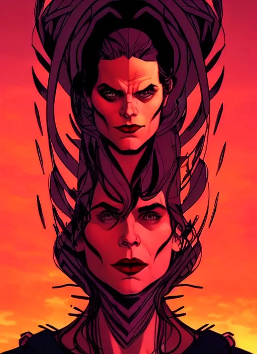 Prompt: Rafeal Albuquerque comic art, Joshua Middleton comic art, cinematics lighting, sunset colors, pretty Kate Mara Enchantress comicbook villain, angry, symmetrical face, symmetrical eyes, full body, flying in the air, night time, red mood in background