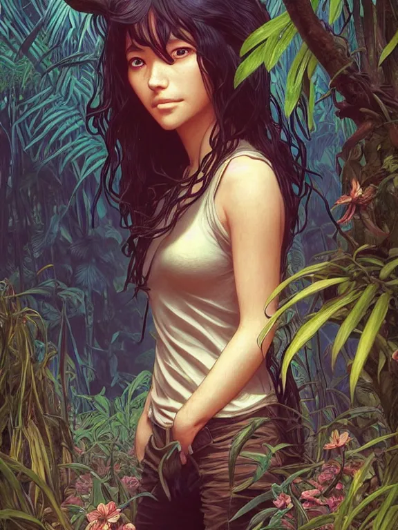 Image similar to full body picture of a female traveler lost in jungle maze, tired, beautiful and aesthetic, intricate, unreal engine, messy hair, highly detailed, detailed face, smooth, sharp focus, chiaroscuro, manga illustration, artgerm, greg rutkowski, ilya kuvshinov, rossdraws, alphonse mucha, young adult light novel cover art