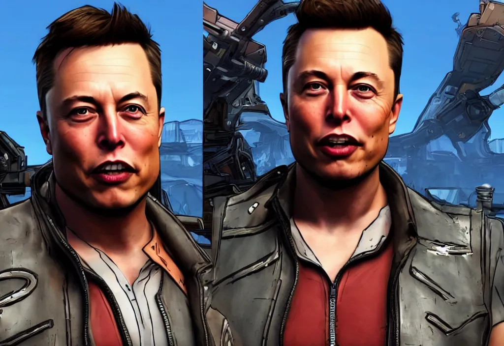 Image similar to elon musk in borderlands elon musk in the video game borderlands, gameplay screenshot, close up, 3 d rendering. unreal engine. amazing likeness. very detailed.