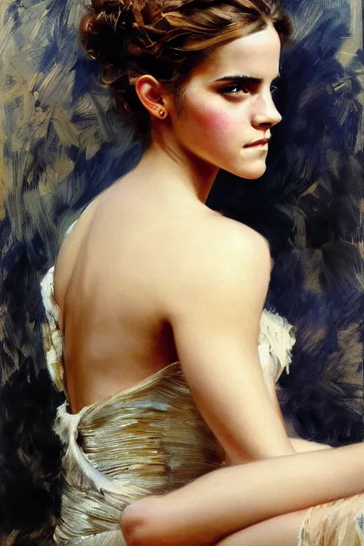 Image similar to emma watson detailed portrait painting by gaston bussiere craig mullins j. c. leyendecker richard avedon