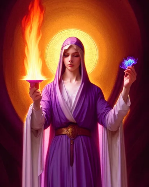 Image similar to saint germain holding a violet flame, fire that is violet colored, intricate, elegant, highly detailed, digital painting, artstation, concept art, smooth, sharp focus, illustration, art by artgerm and greg rutkowski and fra angelico and alphons mucha