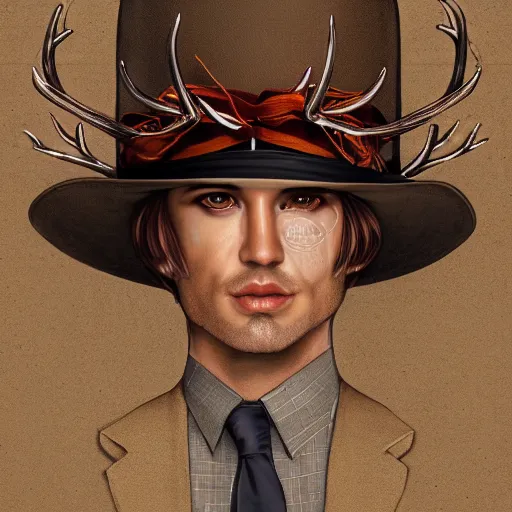 Image similar to a upper body portrait of a deer lord in a pinstriped suit and pants wearing a fedora with the antlers sticking out of the fedora by artgerm and wlop, intricate detail, digital art, photorealistic, trending on artstation