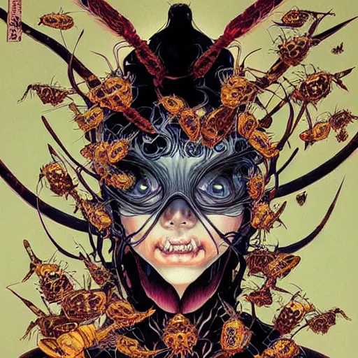 Image similar to portrait of crazy dark girl with insects, symmetrical, by yoichi hatakenaka, masamune shirow, josan gonzales and dan mumford, ayami kojima, takato yamamoto, barclay shaw, karol bak, yukito kishiro